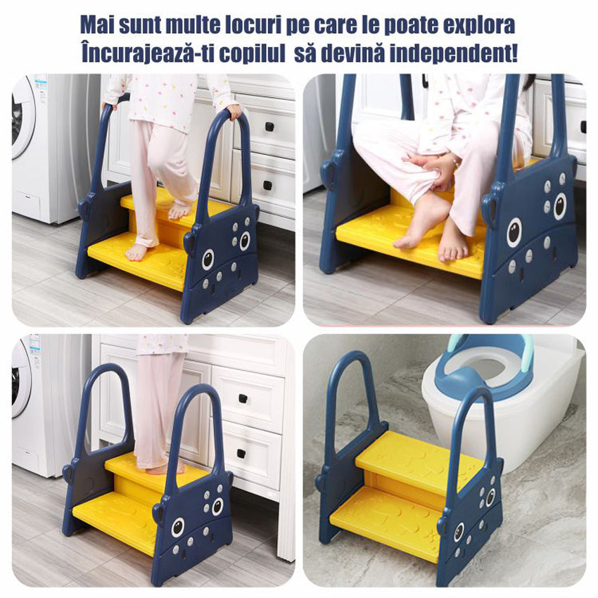 Scaunel Inaltator pentru Copii Tip Scara cu Manere, Doua Trepte, cu Suprafata Antialunecare, pentru WC, Baie si Bucatarie, 61x40x46cm, Albastru Inchis / Galben