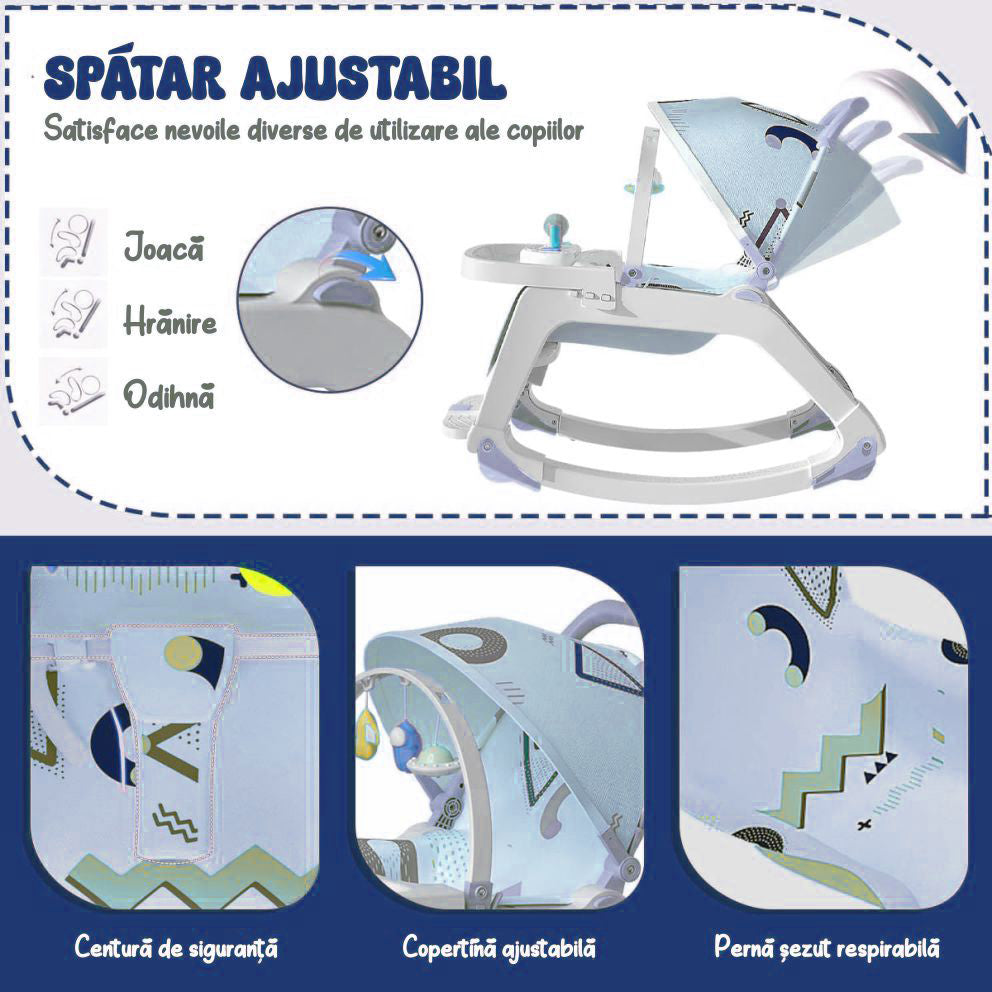 Balansoar Multifunctional 5 in 1, Scaun de Masa, Carucior, Masuta Ajustabila & Detasabila, Spatar Rabatabil, Coperina Ajustabila, Jucarii Detasabile, Buzunar Depozitare, Centura de Siguranta, 0-36 Luni, Albastru