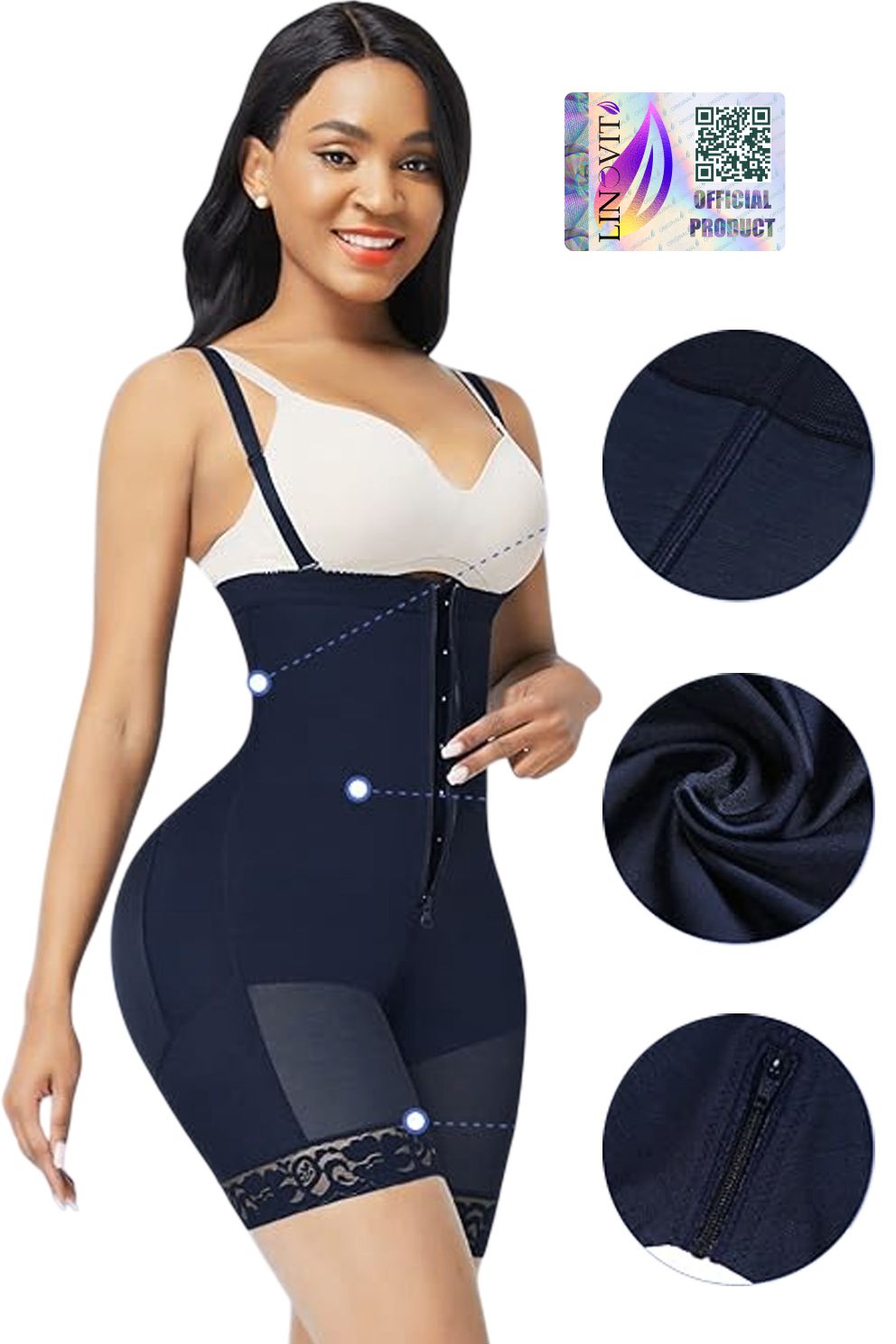 Lenjerie modelatoare tip body Alessia - Deschidere la nivelul zonei intime cu fermoar - Compresie puternica - Negru - Linovit Store