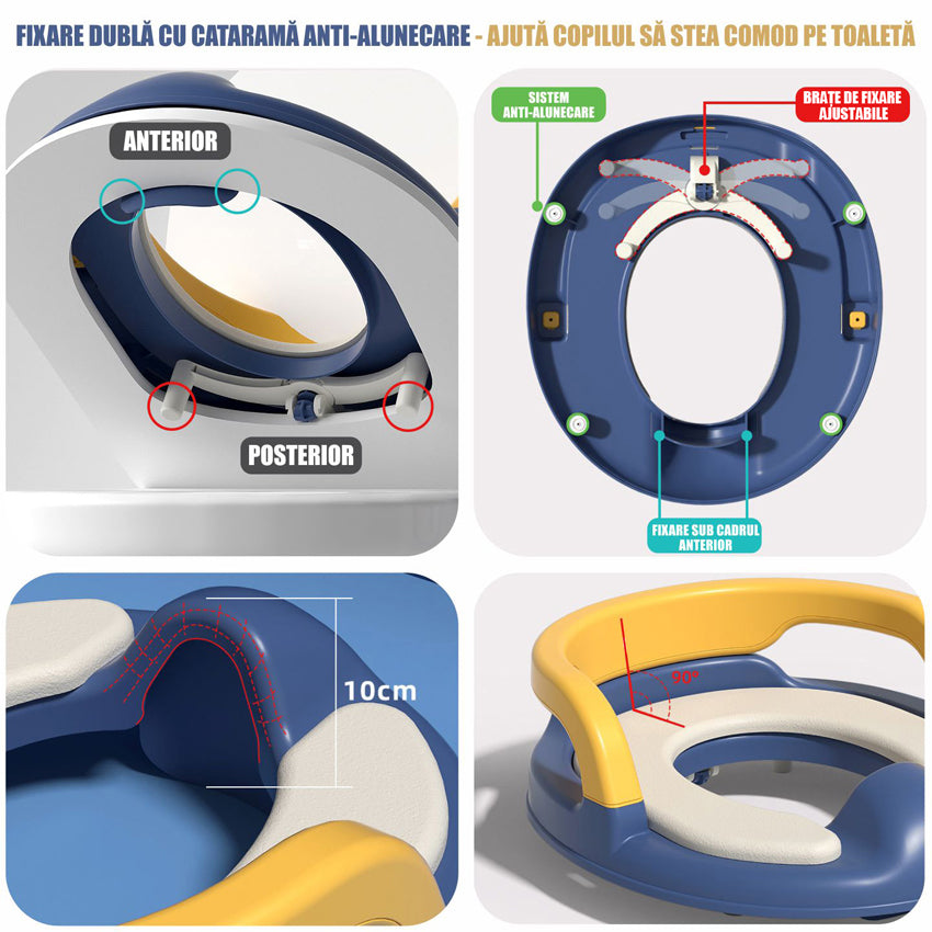 Reductor WC Copii cu Manere, Portabil, Antiderapant, 1-8 ani, Pentru majoritatea vaselor de toaleta, Albastru Inchis / Galben