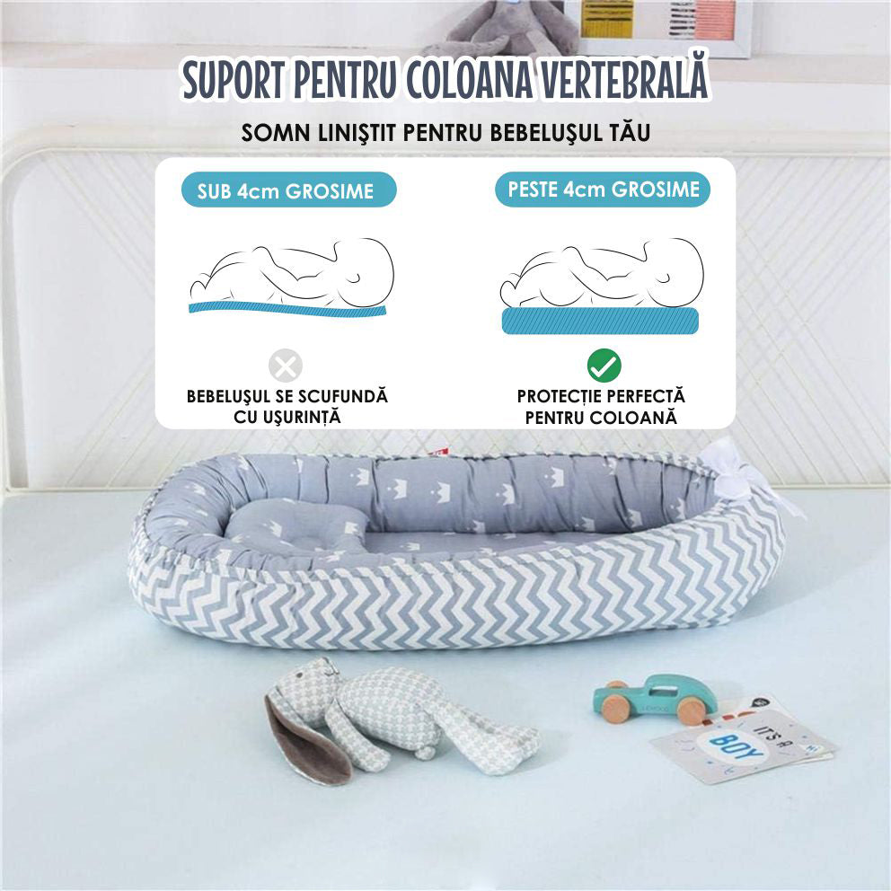 Cosulet Bebelusi pentru Dormit tip Baby Nest, cu Doua Fete, 0-24 Luni, 90x55cm, Husa Bumbac, Confort & Siguranta, Gri deschis/Gri închis