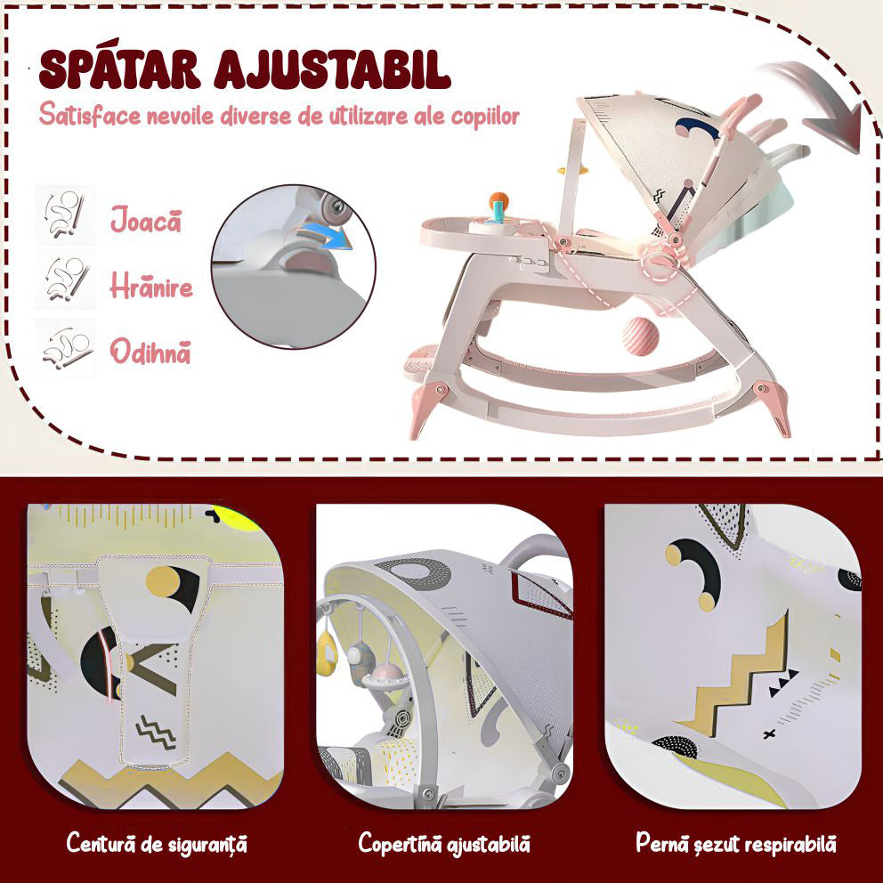 Balansoar Multifunctional 5 in 1, Scaun de Masa, Carucior, Masuta Ajustabila & Detasabila, Spatar Rabatabil, Coperina Ajustabila, Jucarii Detasabile, Buzunar Depozitare, Centura de Siguranta, 0-36 Luni, Roz
