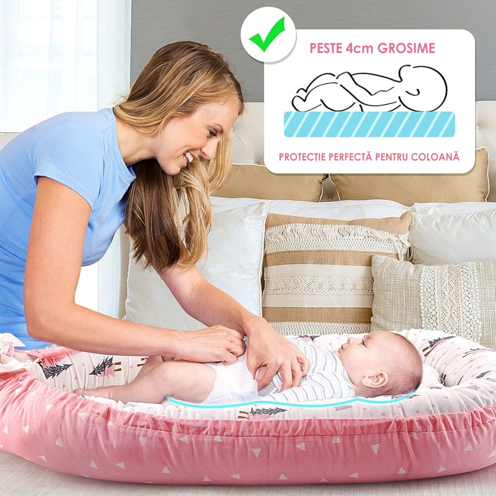 Cosulet Bebelusi pentru Dormit tip Baby Nest, cu Doua Fete, 0-24 Luni, 90x55cm, Husa Bumbac, Confort & Siguranta, Alb/Roz