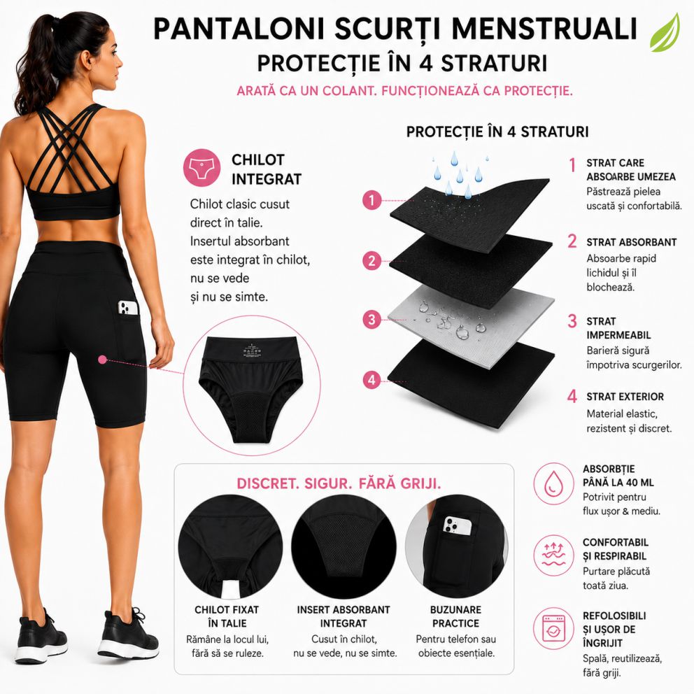 Colanți Menstruali Sport Camilla cu Chilot Integrat – Protecție în 4 Straturi | Linovit®