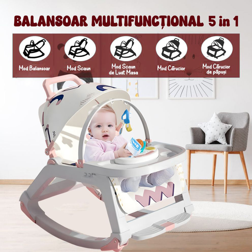 Balansoar Multifunctional 5 in 1, Scaun de Masa, Carucior, Masuta Ajustabila & Detasabila, Spatar Rabatabil, Coperina Ajustabila, Jucarii Detasabile, Buzunar Depozitare, Centura de Siguranta, 0-36 Luni, Roz