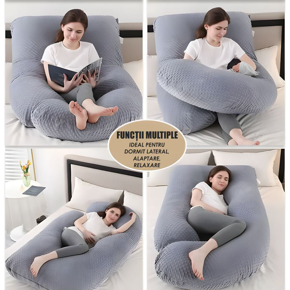 Perna Gravide si Alaptare 3 in 1, Multifunctionala, Forma de L, Sustinere pentru Burta, Spate, Solduri, Picioare, Bebelus, Relaxare, Husa detasabila, Gri deschis