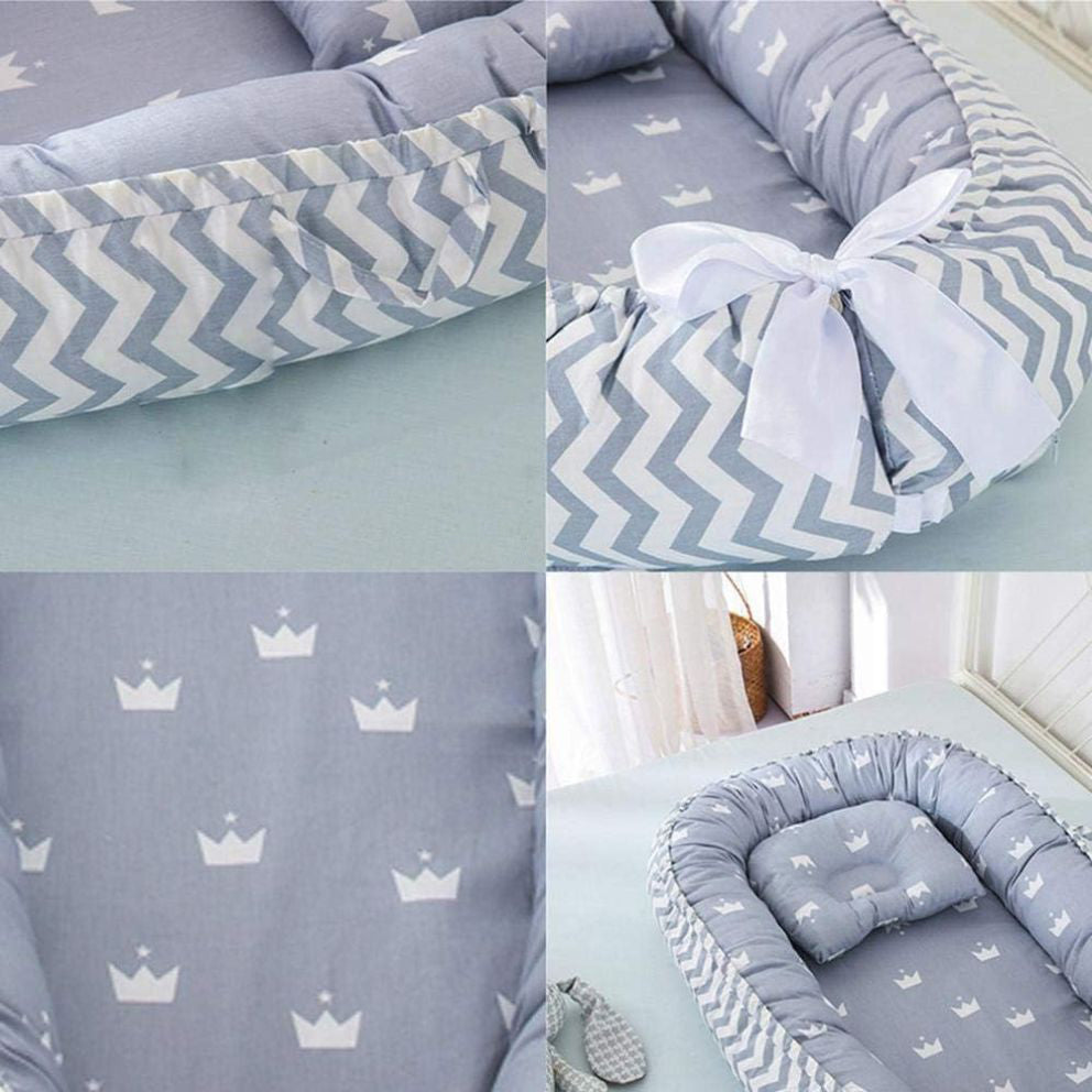 Cosulet Bebelusi pentru Dormit tip Baby Nest, cu Doua Fete, 0-24 Luni, 90x55cm, Husa Bumbac, Confort & Siguranta, Gri deschis/Gri închis