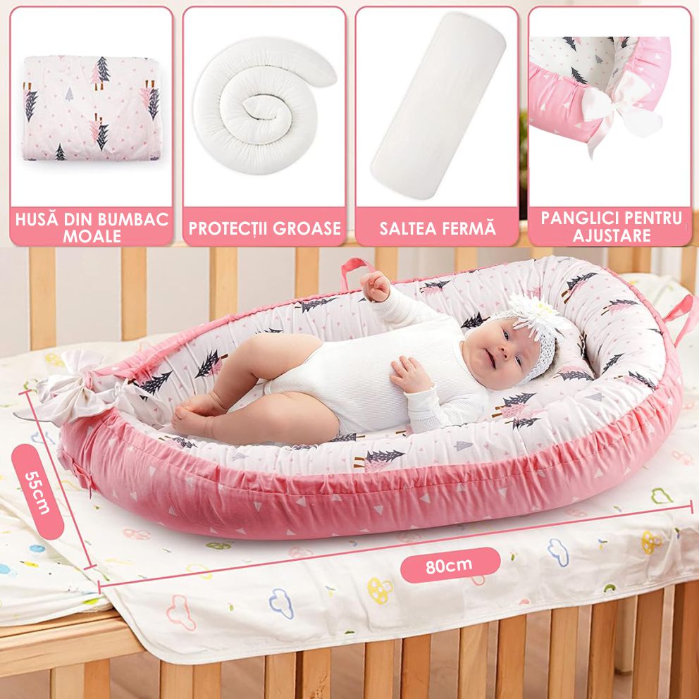 Cosulet Bebelusi pentru Dormit tip Baby Nest, cu Doua Fete, 0-24 Luni, 90x55cm, Husa Bumbac, Confort & Siguranta, Alb/Roz