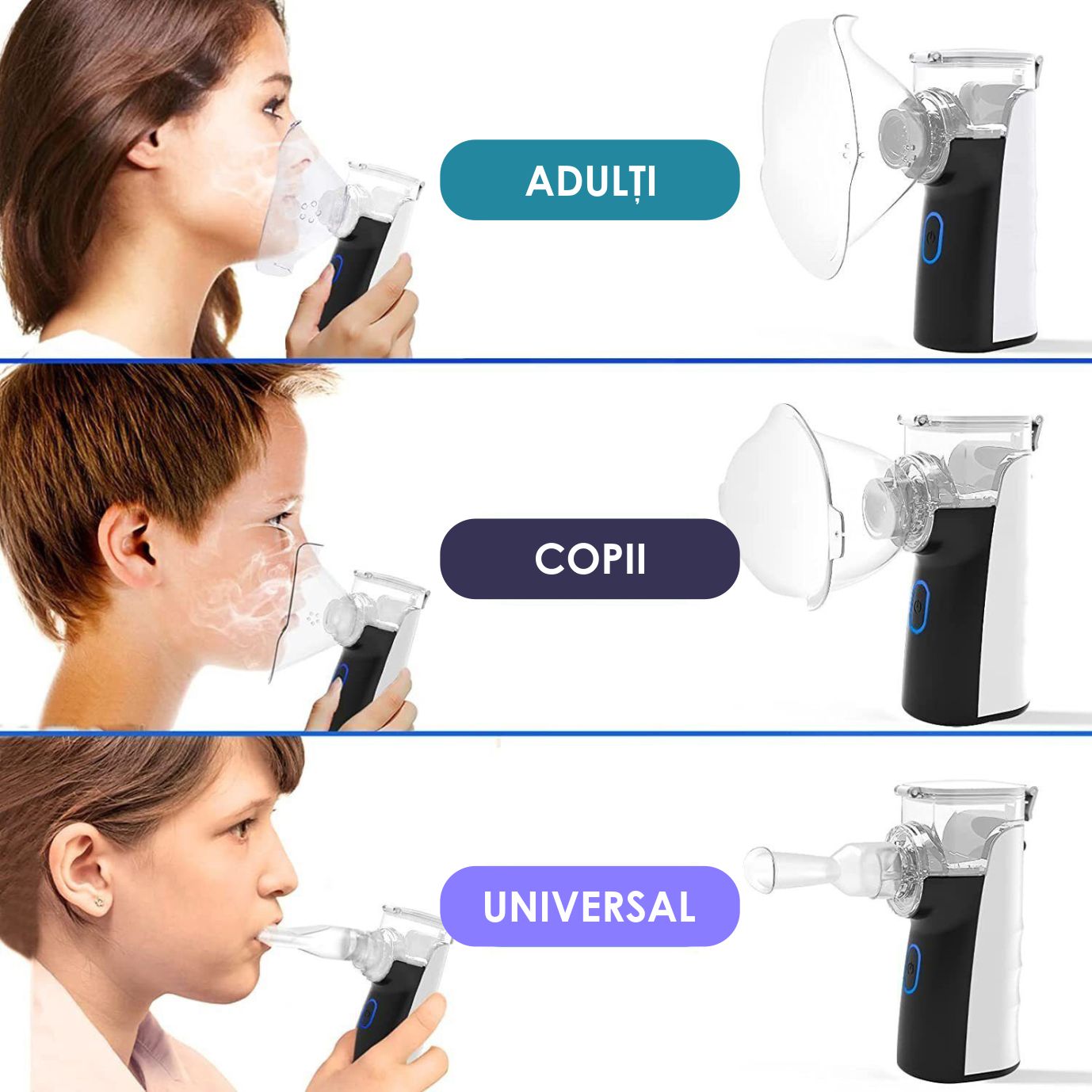 Aparat Aerosoli Profesional, Masca Copii si Adulti, Mustiuc Inhalare, Tehnologie Dual-Wave, Particule ≤4μm, Autocuratare