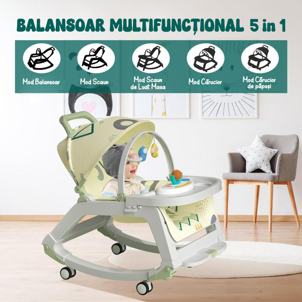 Balansoar Multifunctional 5 in 1, Scaun de Masa, Carucior, Masuta Ajustabila & Detasabila, Spatar Rabatabil, Coperina Ajustabila, Jucarii Detasabile, Buzunar Depozitare, Centura de Siguranta, 0-36 Luni, Verde