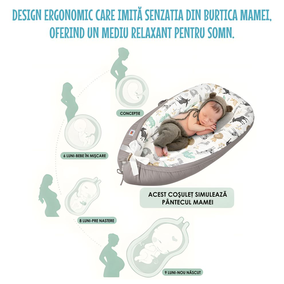 Cosulet Bebelusi pentru Dormit tip Baby Nest, cu Doua Fete, 0-24 Luni, 90x55cm, Husa Bumbac, Confort & Siguranta, Alb/Gri Bej
