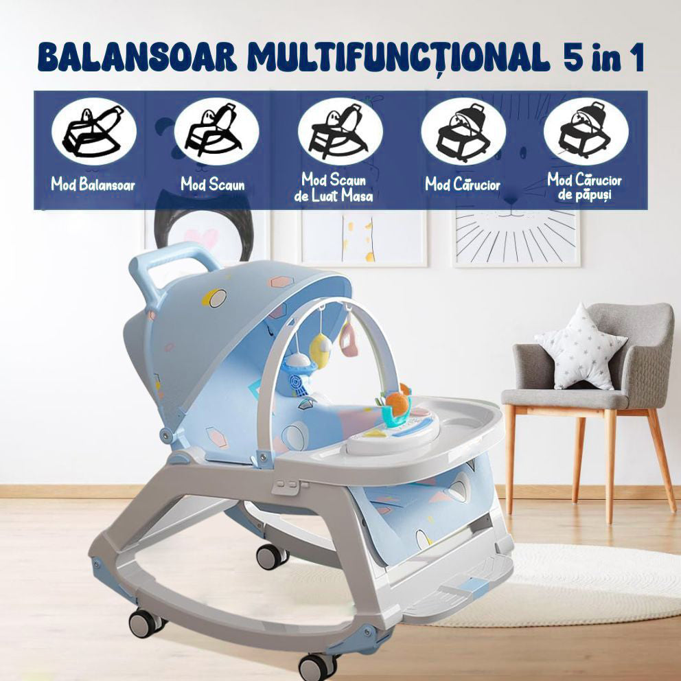 Balansoar Multifunctional 5 in 1, Scaun de Masa, Carucior, Masuta Ajustabila & Detasabila, Spatar Rabatabil, Coperina Ajustabila, Jucarii Detasabile, Buzunar Depozitare, Centura de Siguranta, 0-36 Luni, Albastru
