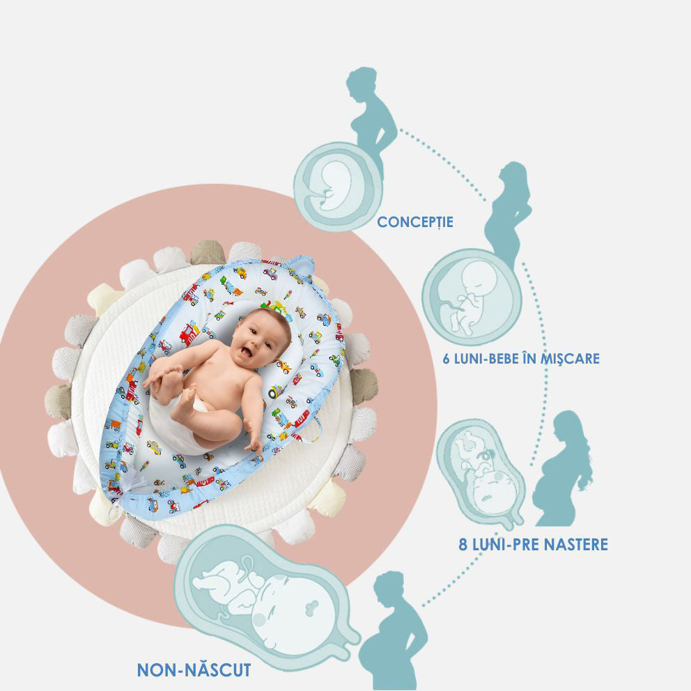 Cosulet Bebelusi pentru Dormit tip Baby Nest, cu Doua Fete, 0-24 Luni, 90x55cm, Husa Bumbac, Confort & Siguranta, Alb/Blue pale