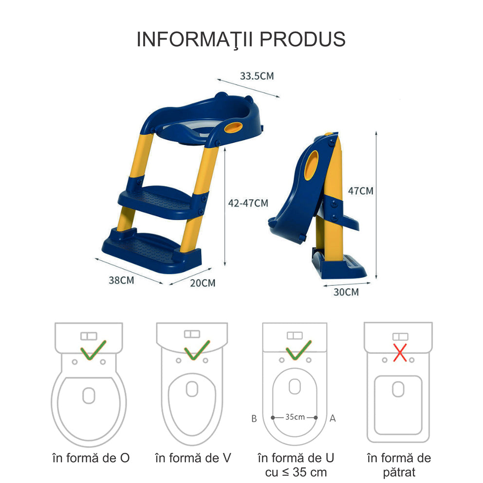 Reductor WC pentru Copii cu Scarita, Plabil, 38 x 40 x 47 cm, Albastru / Galben