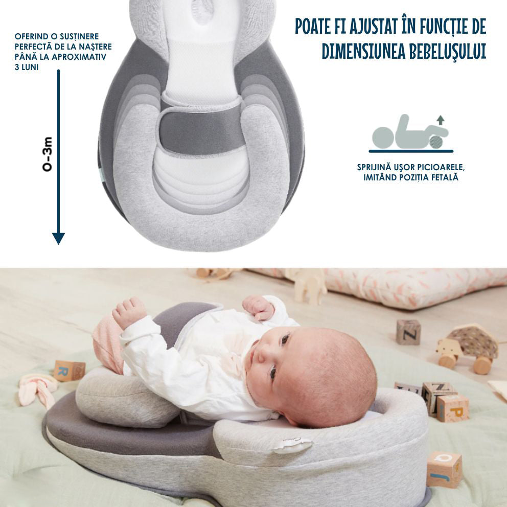 Suport Ergonomic Bebelusi pentru Somn cu Plan Inclinat 15° Anti-Reflux, Centură reglabilă, Suport picioare ajustabil, Perna pentru cap rotund