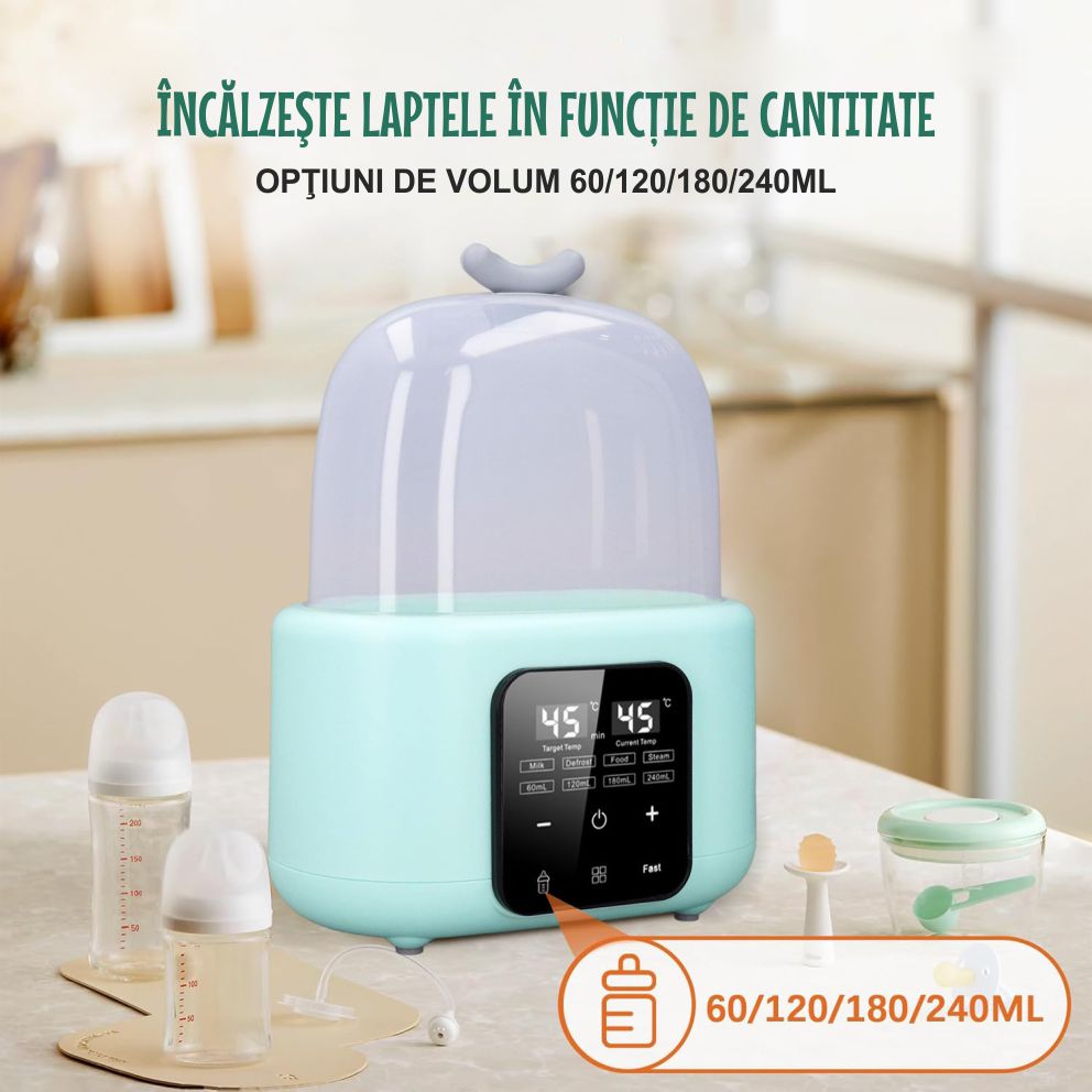 Sterilizator și Incalzitor Biberoane 8-in-1, 240ml, Temperatură Reglabilă 37-100°C, Încălzire Rapidă, Funcție de Decongelare, Sterilizare cu Aburi, Ecran LCD, Ideal pentru Lapte & Alimente