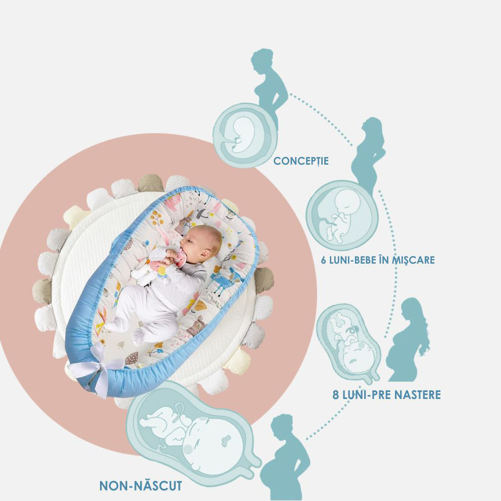 Cosulet Bebelusi pentru Dormit tip Baby Nest, cu Doua Fete, 0-24 Luni, 90x55cm, Husa Bumbac, Confort & Siguranta, Alb/Blue sky