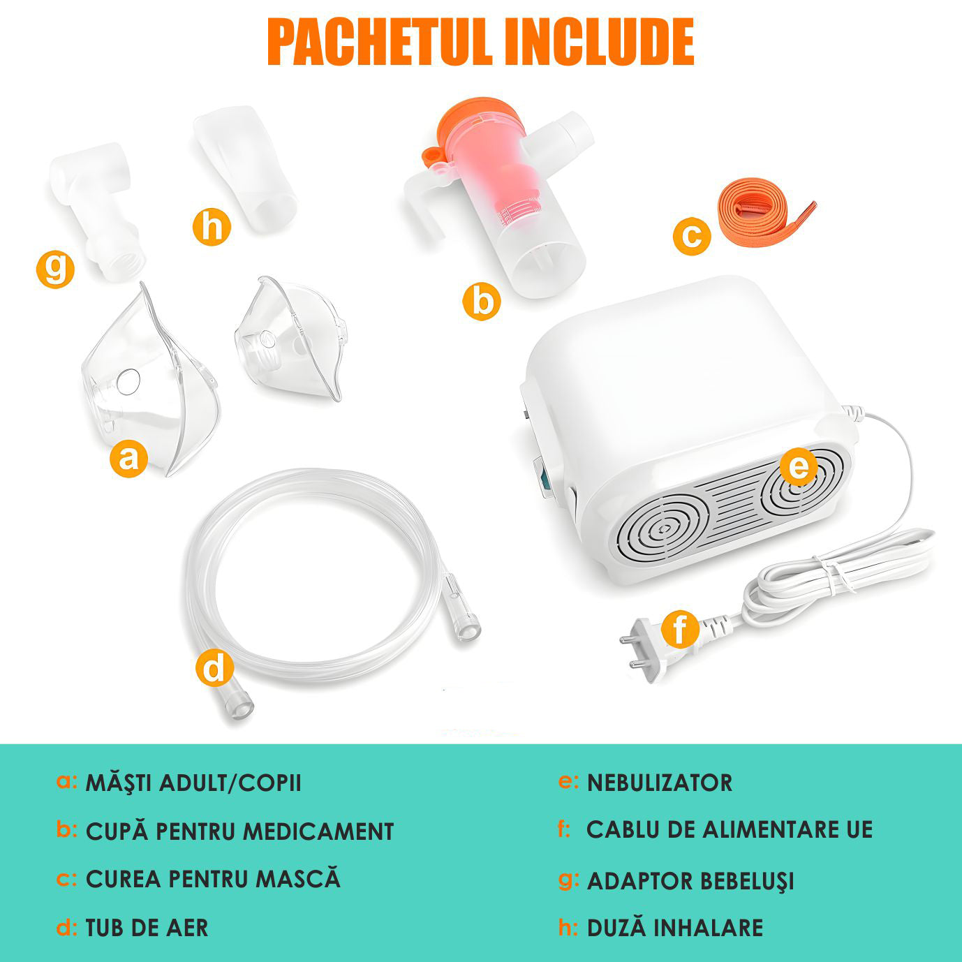 Aparat Aerosoli Profesional, Masca Copii si Adulti, Adaptor Bebelusi, Nebulizator Inhalator cu Compresor, Particule 2-3µm