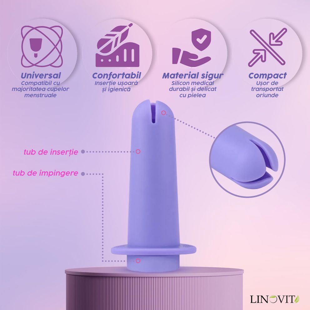 Aplicator pentru cupa menstruala Linovit®, silicon medical, reutilizabil, usor de folosit, compatibil cu lubrifiant, design compact si igienic, mov