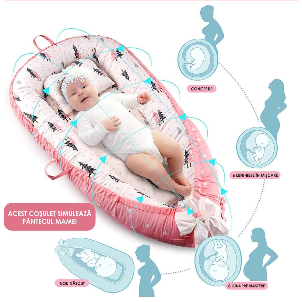 Cosulet Bebelusi pentru Dormit tip Baby Nest, cu Doua Fete, 0-24 Luni, 90x55cm, Husa Bumbac, Confort & Siguranta, Alb/Roz