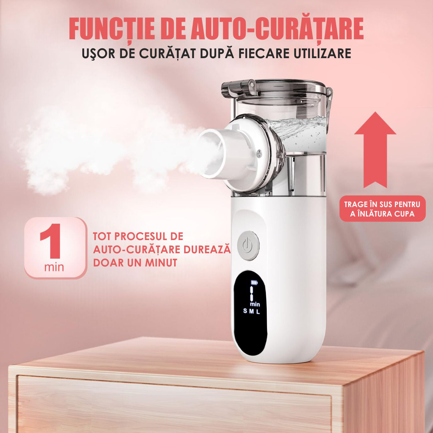 Aparat Aerosoli Profesional, Masca Copii si Adulti, Mustiuc Inhalare, 3 Moduri, Tehnologie Mesh, Particule 3.5µm, Autocuratare, Timer