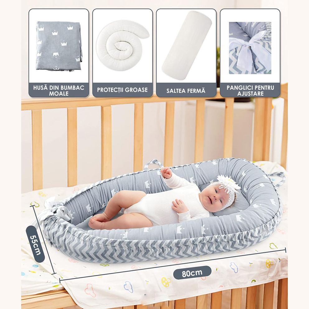 Cosulet Bebelusi pentru Dormit tip Baby Nest, cu Doua Fete, 0-24 Luni, 90x55cm, Husa Bumbac, Confort & Siguranta, Gri deschis/Gri închis