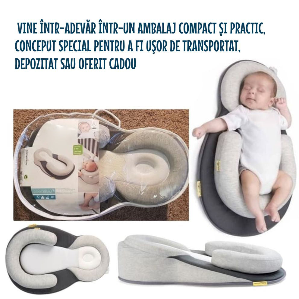 Suport Ergonomic Bebelusi pentru Somn cu Plan Inclinat 15° Anti-Reflux, Centură reglabilă, Suport picioare ajustabil, Perna pentru cap rotund