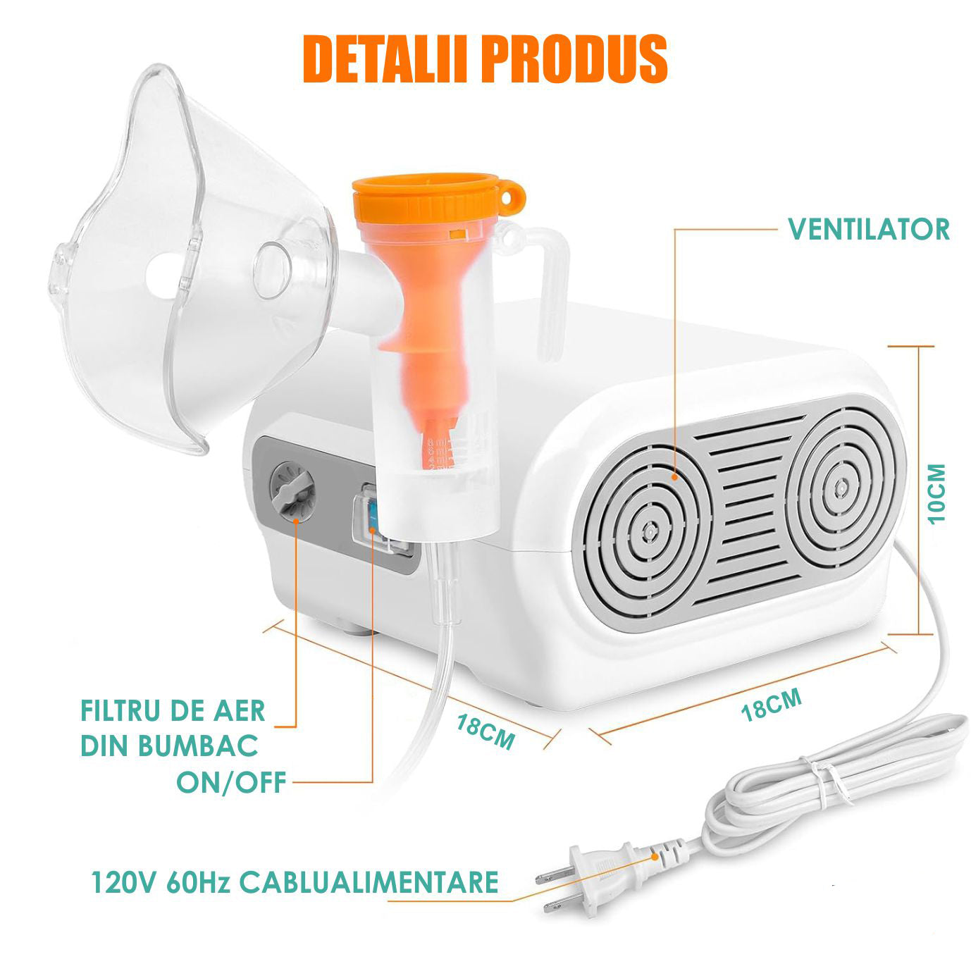 Aparat Aerosoli Profesional, Masca Copii si Adulti, Adaptor Bebelusi, Nebulizator Inhalator cu Compresor, Particule 2-3µm
