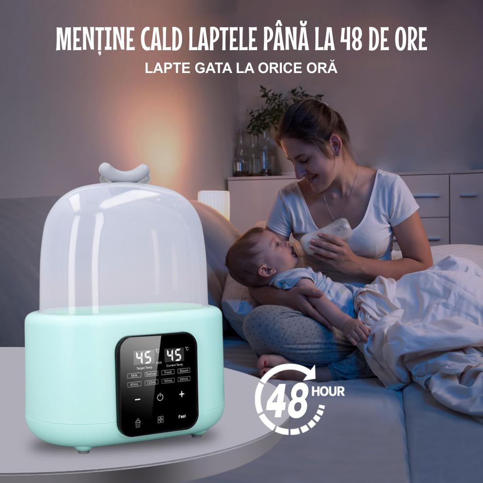 Sterilizator și Incalzitor Biberoane 8-in-1, 240ml, Temperatură Reglabilă 37-100°C, Încălzire Rapidă, Funcție de Decongelare, Sterilizare cu Aburi, Ecran LCD, Ideal pentru Lapte & Alimente
