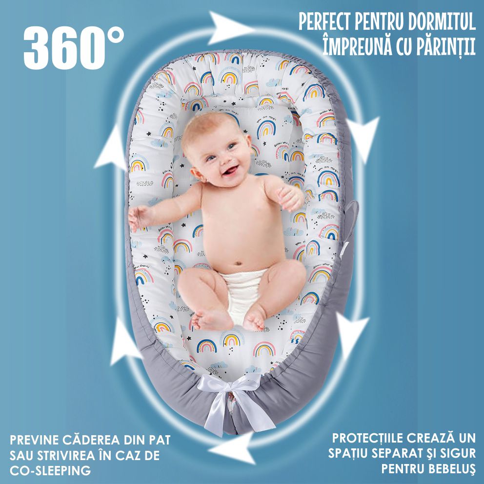 Cosulet Bebelusi pentru Dormit tip Baby Nest, cu Doua Fete, 0-24 Luni, 90x55cm, Husa Bumbac, Confort & Siguranta, Alb/Gri deschis