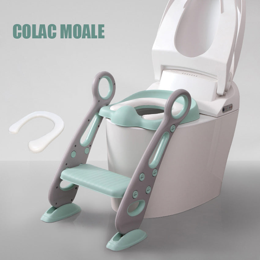 Reductor WC pentru Copii cu Scarita, Plabil, Reglabil pe Inaltime, Colac Moale, 42.6 x 55 x 41.5 cm, Gri / Mint