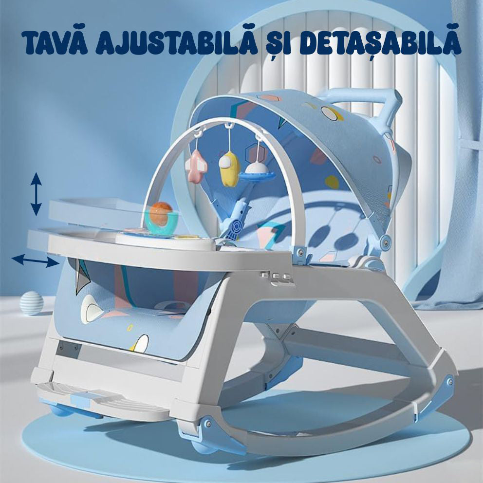 Balansoar Multifunctional 5 in 1, Scaun de Masa, Carucior, Masuta Ajustabila & Detasabila, Spatar Rabatabil, Coperina Ajustabila, Jucarii Detasabile, Buzunar Depozitare, Centura de Siguranta, 0-36 Luni, Albastru