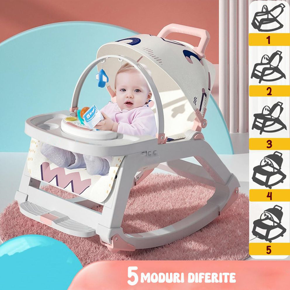 Balansoar Multifunctional 5 in 1, Scaun de Masa, Carucior, Masuta Ajustabila & Detasabila, Spatar Rabatabil, Coperina Ajustabila, Jucarii Detasabile, Buzunar Depozitare, Centura de Siguranta, 0-36 Luni, Roz