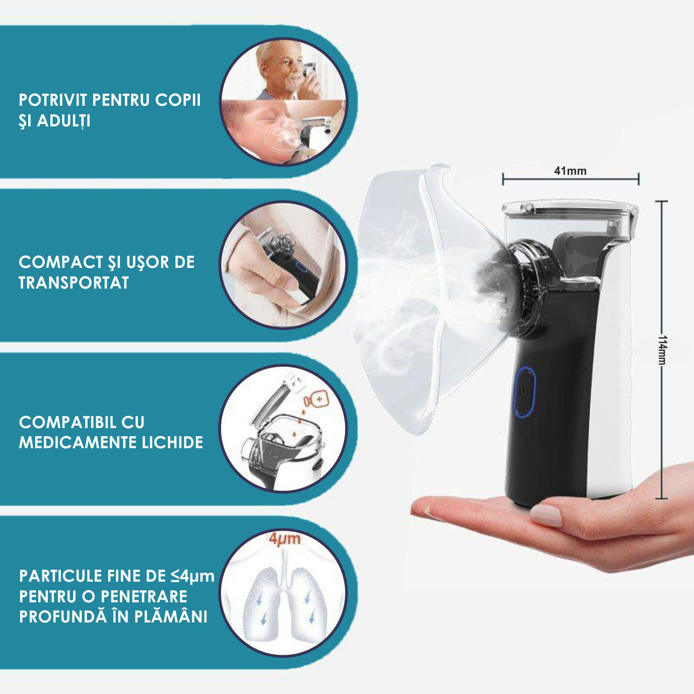 Aparat Aerosoli Profesional, Masca Copii si Adulti, Mustiuc Inhalare, Tehnologie Dual-Wave, Particule ≤4μm, Autocuratare