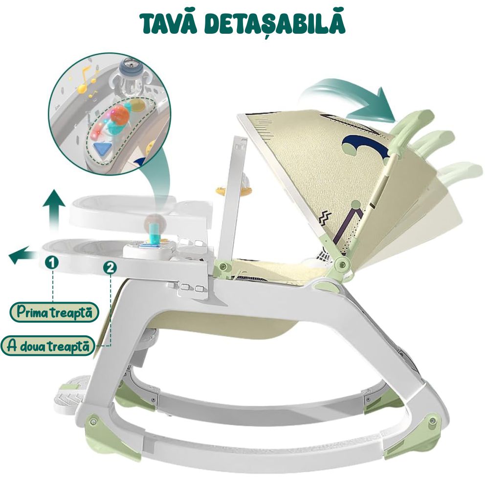 Balansoar Multifunctional 5 in 1, Scaun de Masa, Carucior, Masuta Ajustabila & Detasabila, Spatar Rabatabil, Coperina Ajustabila, Jucarii Detasabile, Buzunar Depozitare, Centura de Siguranta, 0-36 Luni, Verde