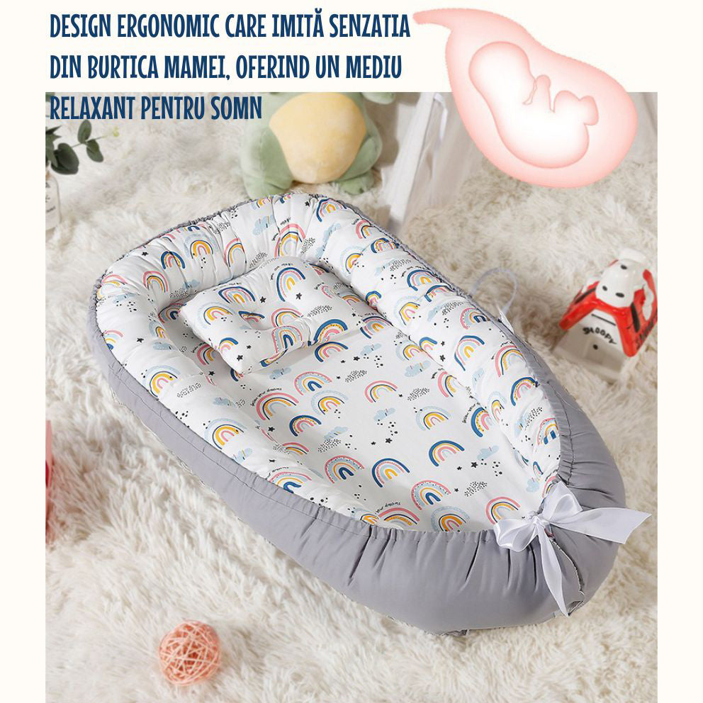 Cosulet Bebelusi pentru Dormit tip Baby Nest, cu Doua Fete, 0-24 Luni, 90x55cm, Husa Bumbac, Confort & Siguranta, Alb/Gri deschis