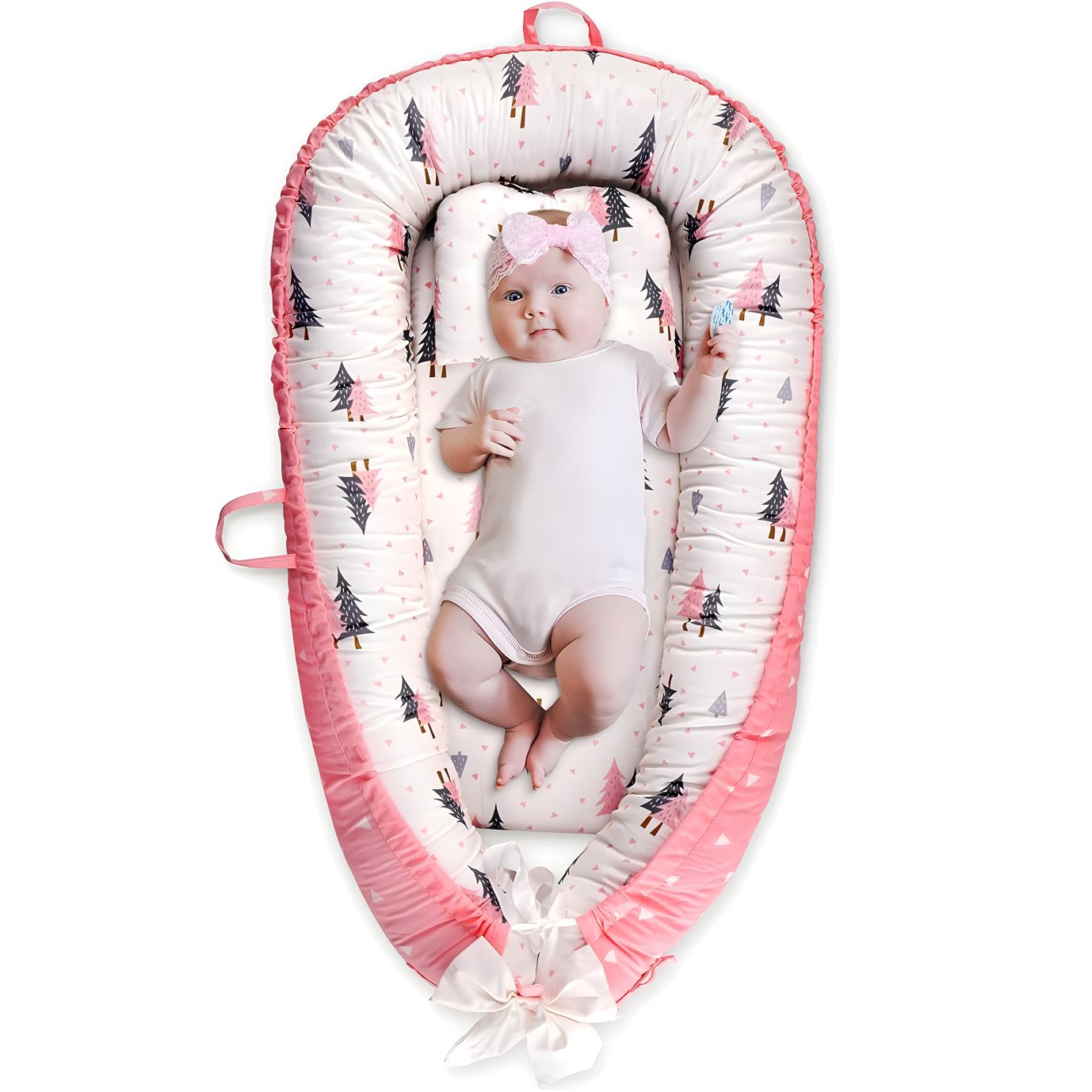 Cosulet Bebelusi pentru Dormit tip Baby Nest, cu Doua Fete, 0-24 Luni, 90x55cm, Husa Bumbac, Confort & Siguranta, Alb/Roz