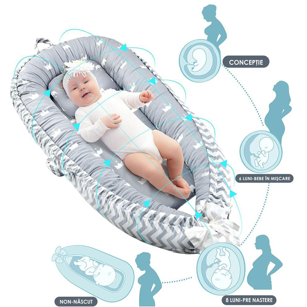 Cosulet Bebelusi pentru Dormit tip Baby Nest, cu Doua Fete, 0-24 Luni, 90x55cm, Husa Bumbac, Confort & Siguranta, Gri deschis/Gri închis