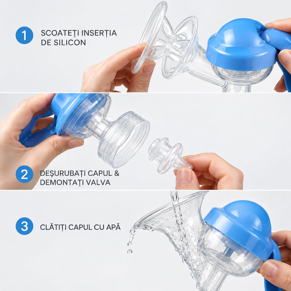 Pompa de san manuala 2 in1 cu biberon, Linovit®, 150 ml, 3 niveluri de aspirare, Cupa moale din silicon, Fara BPA, Albastru