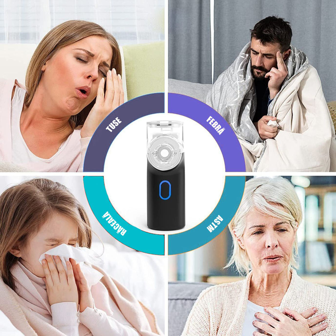 Aparat Aerosoli Profesional, Masca Copii si Adulti, Mustiuc Inhalare, Tehnologie Dual-Wave, Particule ≤4μm, Autocuratare