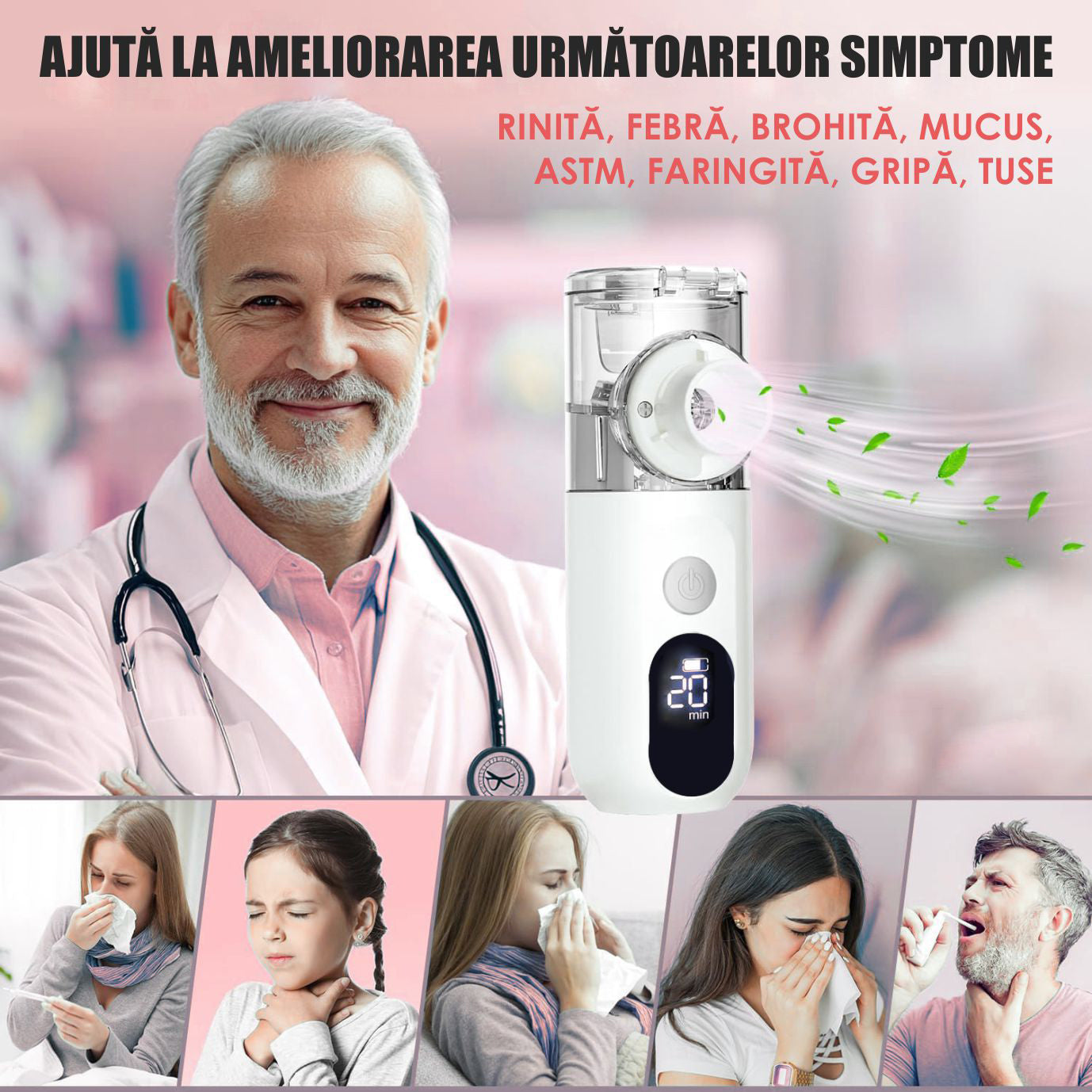 Aparat Aerosoli Profesional, Masca Copii si Adulti, Mustiuc Inhalare, 3 Moduri, Tehnologie Mesh, Particule 3.5µm, Autocuratare, Timer