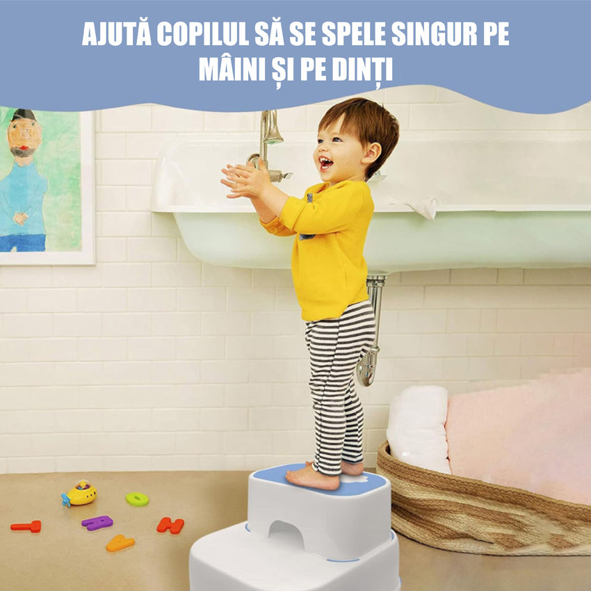 Scaunel Inaltator pentru Copii 2 in 1 cu Doua Trepte, Multifunctional, pentru WC, Baie si Bucatarie, Alb / Albastru