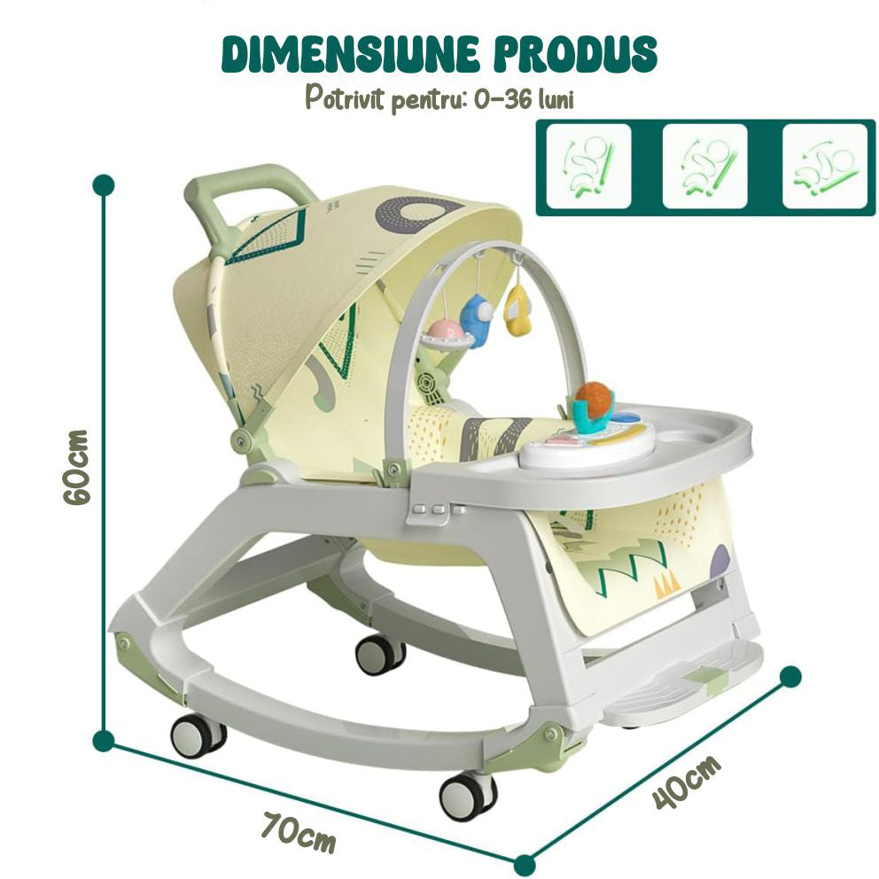Balansoar Multifunctional 5 in 1, Scaun de Masa, Carucior, Masuta Ajustabila & Detasabila, Spatar Rabatabil, Coperina Ajustabila, Jucarii Detasabile, Buzunar Depozitare, Centura de Siguranta, 0-36 Luni, Verde