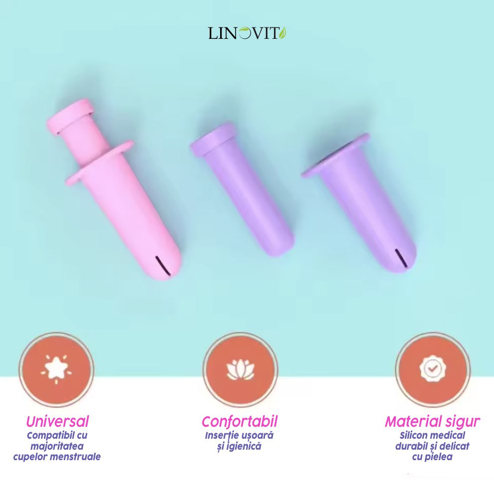 Aplicator pentru cupa menstruala Linovit®, silicon medical, reutilizabil, usor de folosit, compatibil cu lubrifiant, design compact si igienic, mov