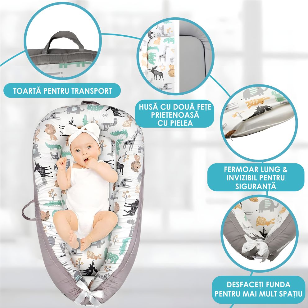 Cosulet Bebelusi pentru Dormit tip Baby Nest, cu Doua Fete, 0-24 Luni, 90x55cm, Husa Bumbac, Confort & Siguranta, Alb/Gri Bej