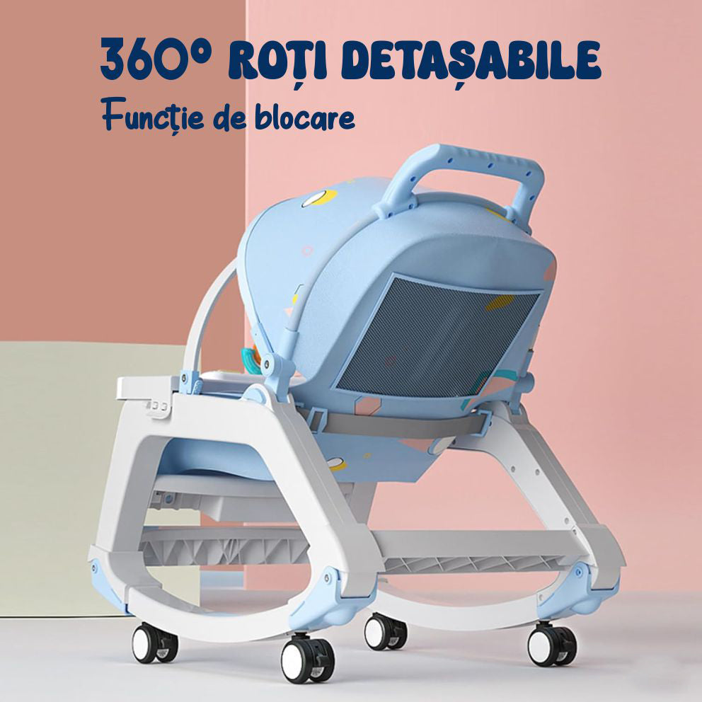 Balansoar Multifunctional 5 in 1, Scaun de Masa, Carucior, Masuta Ajustabila & Detasabila, Spatar Rabatabil, Coperina Ajustabila, Jucarii Detasabile, Buzunar Depozitare, Centura de Siguranta, 0-36 Luni, Albastru