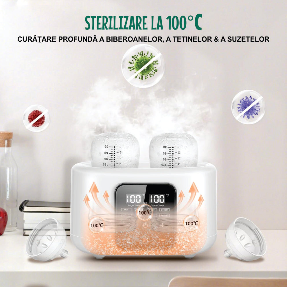 Sterilizator și Incalzitor Biberoane 8-in-1, 240ml, Temperatură Reglabilă 37-100°C, Încălzire Rapidă, Funcție de Decongelare, Sterilizare cu Aburi, Ecran LCD, Ideal pentru Lapte & Alimente