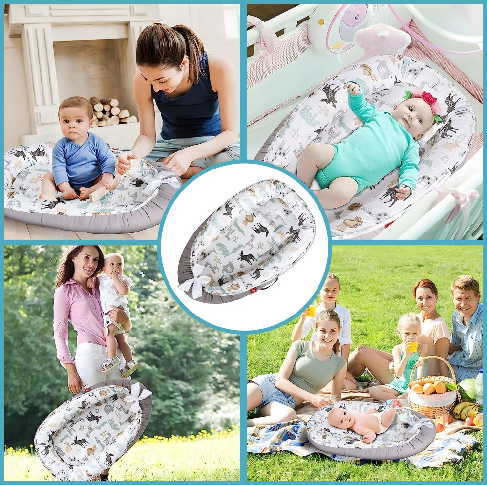 Cosulet Bebelusi pentru Dormit tip Baby Nest, cu Doua Fete, 0-24 Luni, 90x55cm, Husa Bumbac, Confort & Siguranta, Alb/Gri Bej