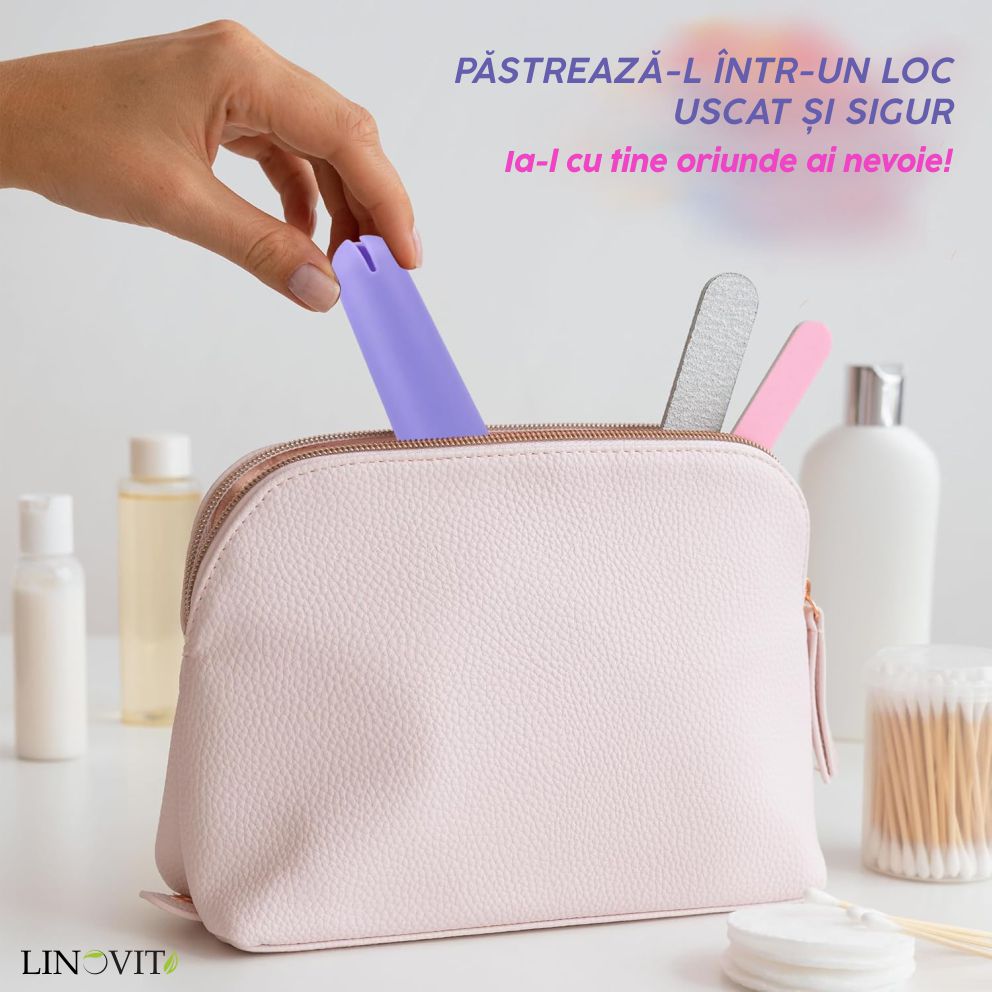 Aplicator pentru cupa menstruala Linovit®, silicon medical, reutilizabil, usor de folosit, compatibil cu lubrifiant, design compact si igienic, mov