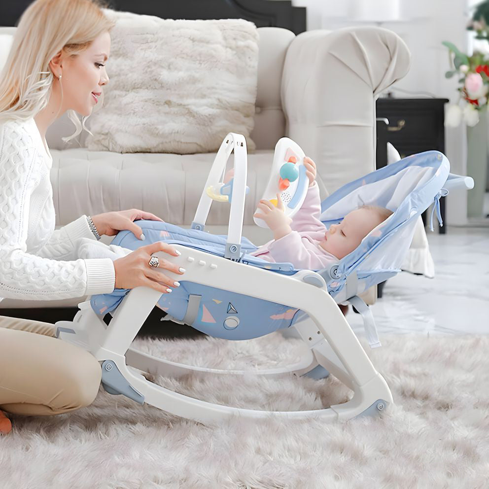 Balansoar Multifunctional 5 in 1, Scaun de Masa, Carucior, Masuta Ajustabila & Detasabila, Spatar Rabatabil, Coperina Ajustabila, Jucarii Detasabile, Buzunar Depozitare, Centura de Siguranta, 0-36 Luni, Albastru